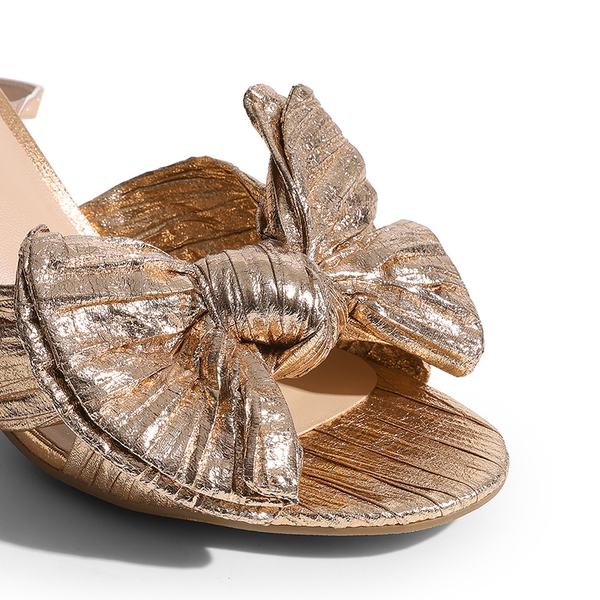 Ankle Strap Bow Block Heel Sandals - CHAMPAGNE - 4
