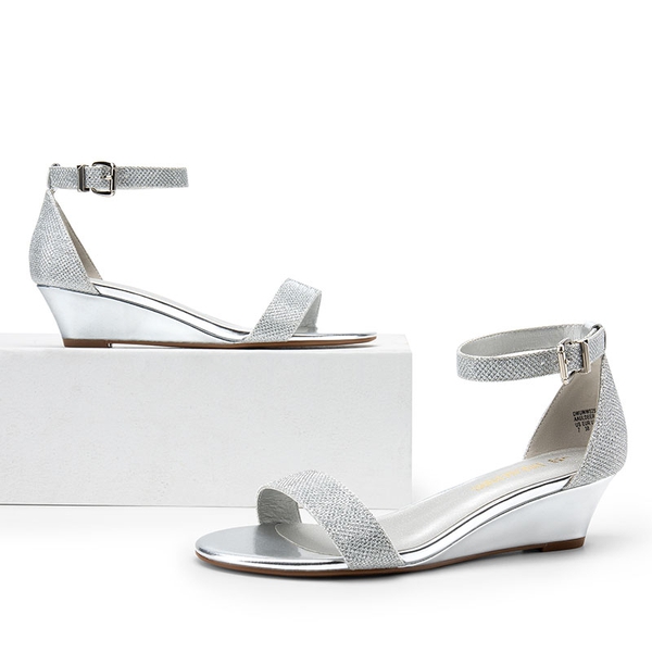 Wide-Toe Ankle Strap Low Wedge Sandals - SILVER - 4