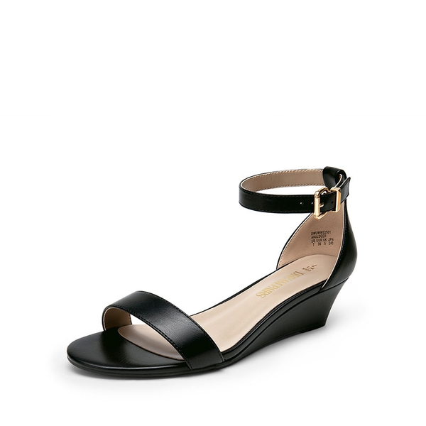 Wide-Toe Ankle Strap Low Wedge Sandals - BLACK - 1