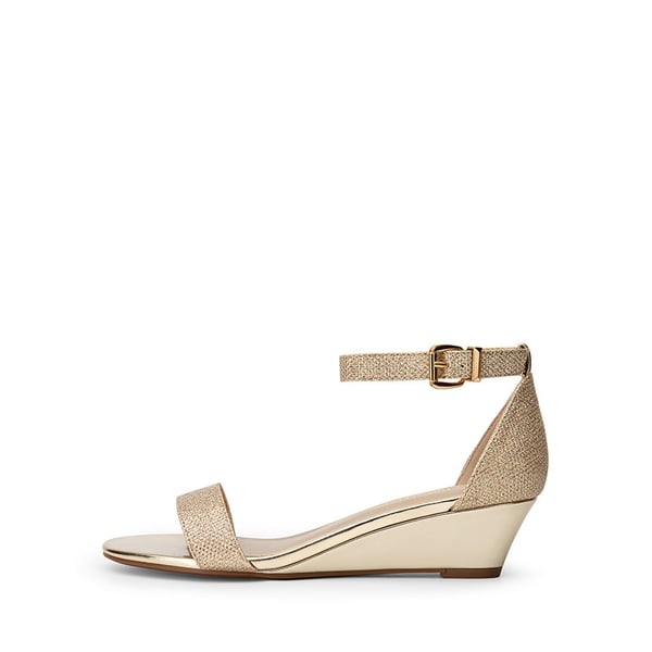 Wide-Toe Ankle Strap Low Wedge Sandals - GOLD - 1