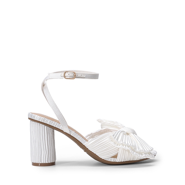Ankle Strap Bow Block Heel Sandals - WHITE - 1