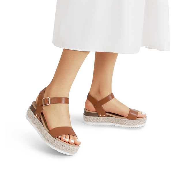 Buckle Jute Wedge Heel Sandals - BROWN - 6
