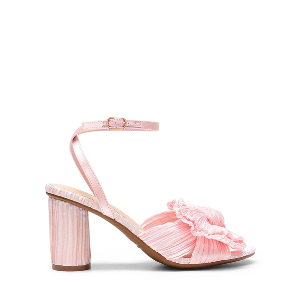 Ankle Strap Bow Block Heel Sandals - PINK - 1