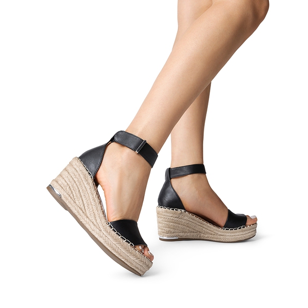 Adjustable Ankle Strap Espadrille Platform Sandals - BLACK - 7