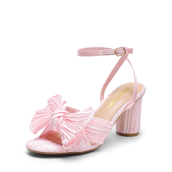 Ankle Strap Bow Block Heel Sandals - PINK -  0