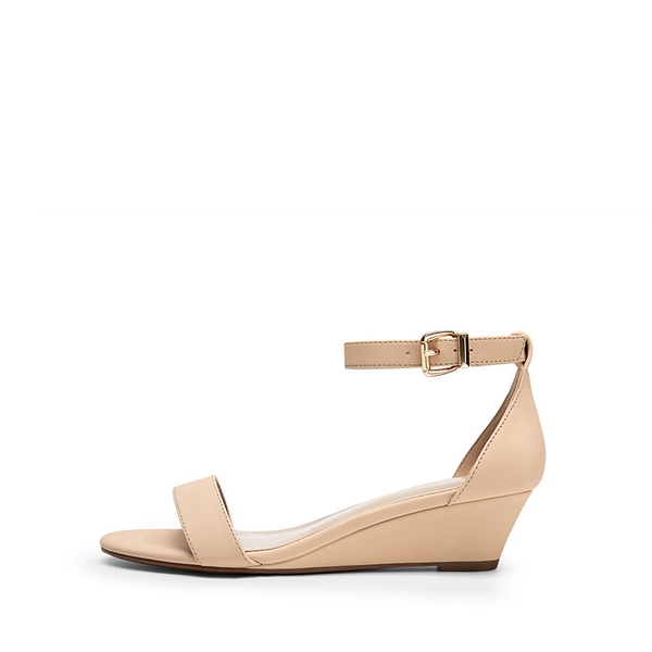 Wide-Toe Ankle Strap Low Wedge Sandals - NUDE - 1