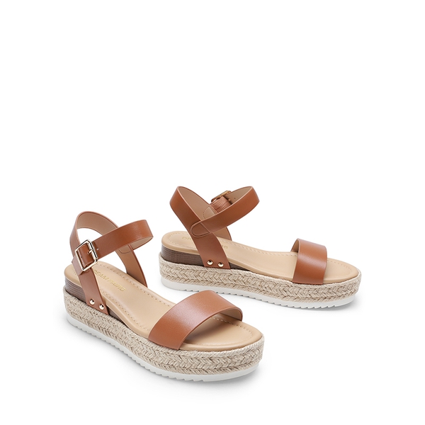 Buckle Jute Wedge Heel Sandals - BROWN - 3