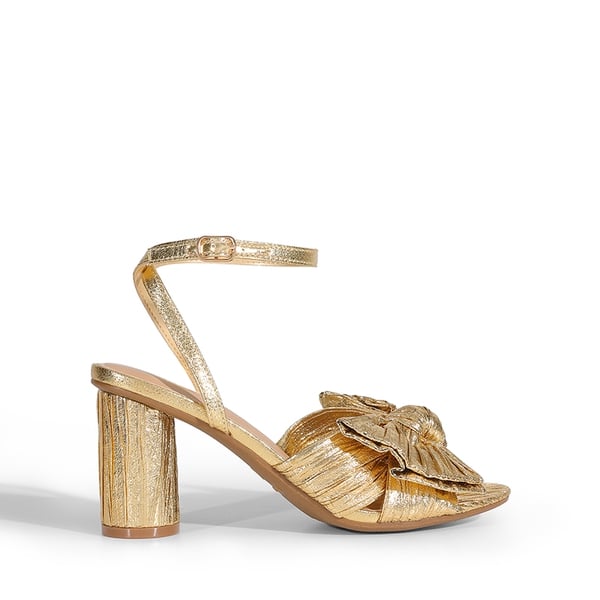 Ankle Strap Bow Block Heel Sandals - GOLD - 1