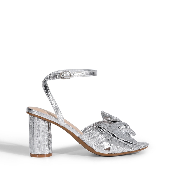 Ankle Strap Bow Block Heel Sandals - SILVER - 1