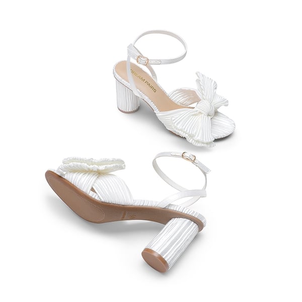 Ankle Strap Bow Block Heel Sandals - WHITE - 2