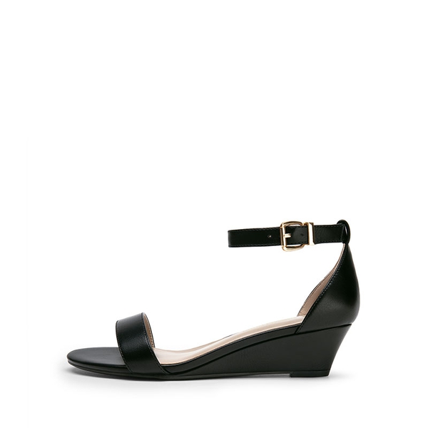 Wide-Toe Ankle Strap Low Wedge Sandals - BLACK -  0