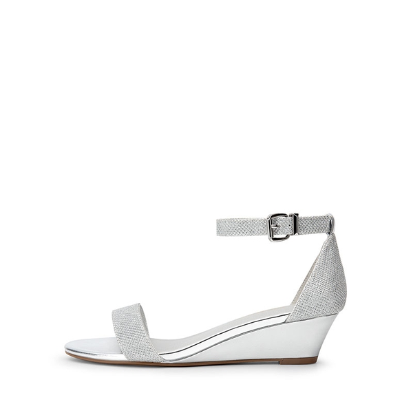 Wide-Toe Ankle Strap Low Wedge Sandals - SILVER - 1
