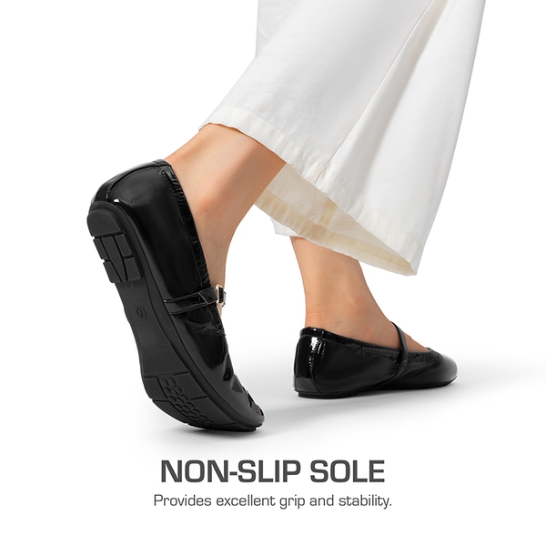 Women's Bendable Non-Slip Mary Jane Ballet Flats - BLACK-PAT - 5