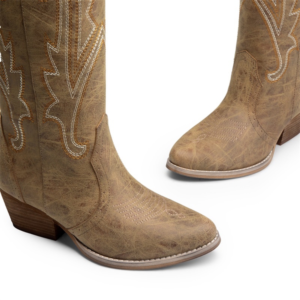 Women’s Mid Heel Western Style Boots - TAN - 3