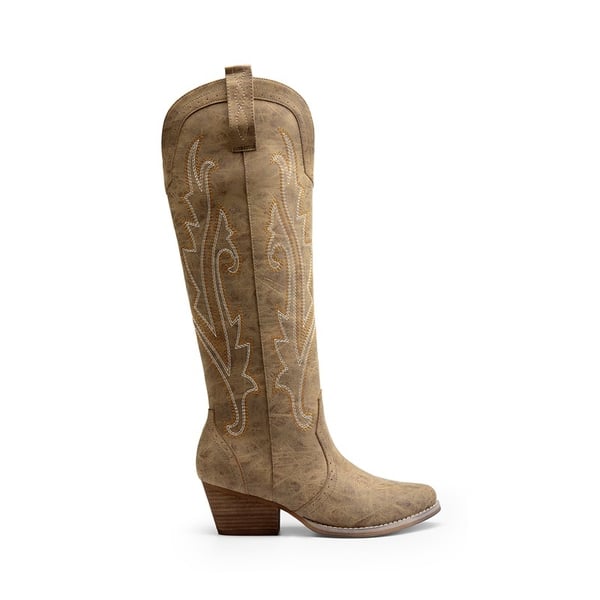 Women’s Mid Heel Western Style Boots - TAN - 1