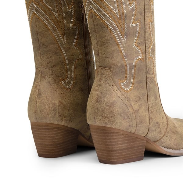 Women’s Mid Heel Western Style Boots - TAN - 4