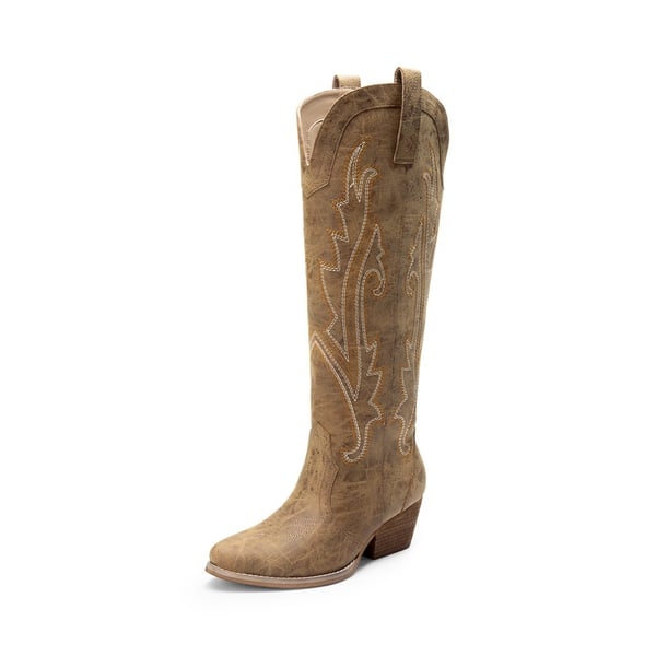 Women’s Mid Heel Western Style Boots - TAN -  0