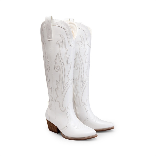 Women’s Mid Heel Western Style Boots - WHITE - 2