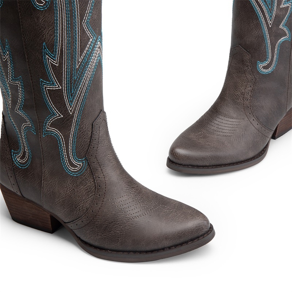 Women’s Mid Heel Western Style Boots - BROWN - 3