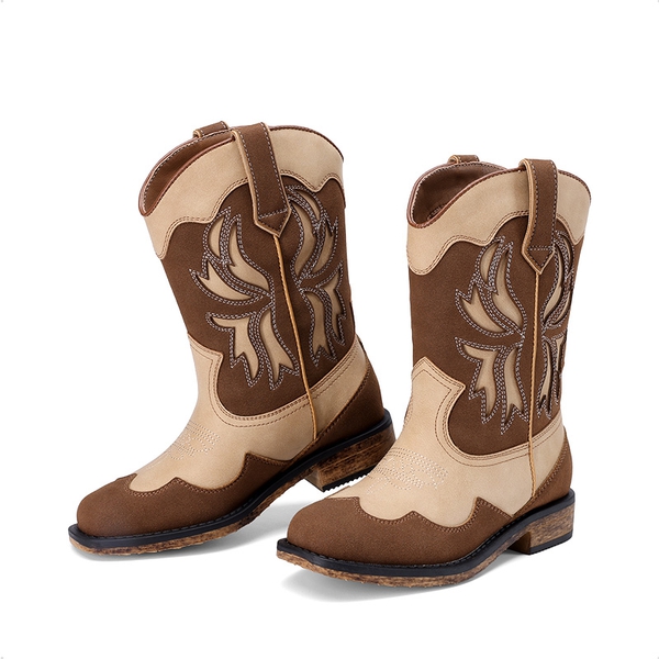 Kids’ Slip-On Roomy Toe Cowboy Boots - BROWN/CAMO - 4