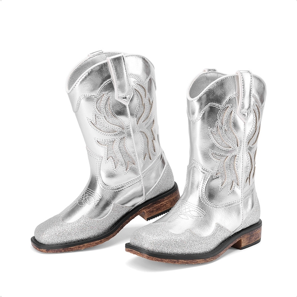 Kids’ Slip-On Roomy Toe Cowboy Boots - SILVER - 4