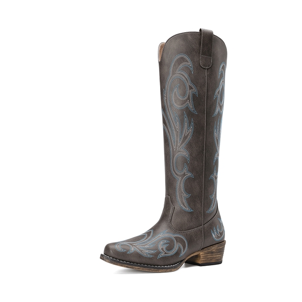 Women’s Knee-High Western Block Heel Boots - DARK BROWN -  0
