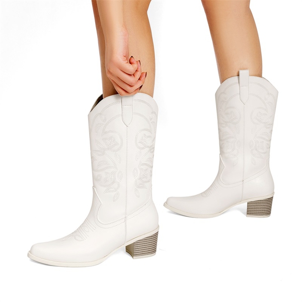 Women’s Embroidered Distressed Cowgirl Boots - WHITE-PU - 7