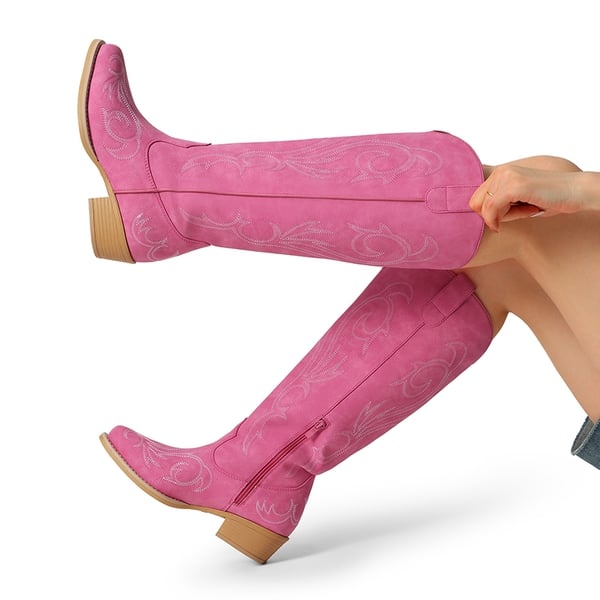 Women’s Knee-High Western Block Heel Boots - HOT PINK - 3