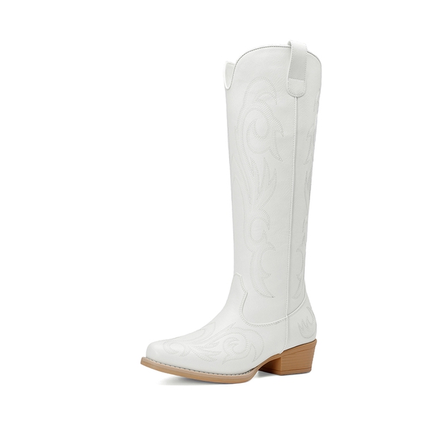 Women’s Knee-High Western Block Heel Boots - WHITE -  0