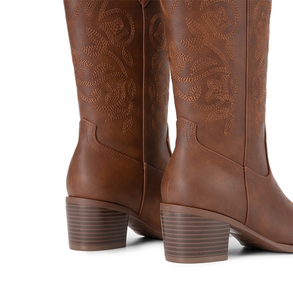 Women’s Embroidered Distressed Cowgirl Boots - BROWN-PU - 4
