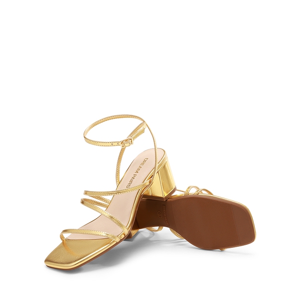Women’s Rhinestone Strappy Block Heel Sandals - GOLD-METALLIC - 4