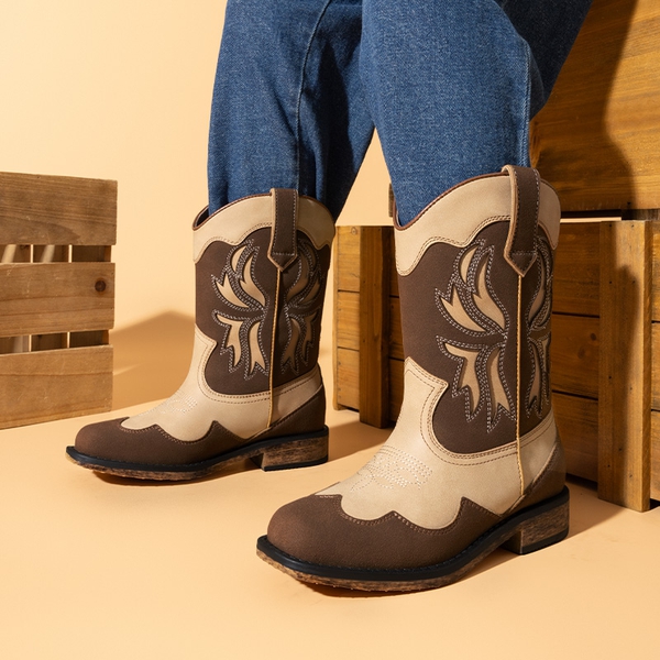 Kids’ Slip-On Roomy Toe Cowboy Boots - BROWN/CAMO - 5
