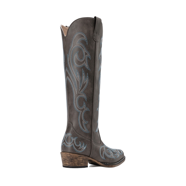 Women’s Knee-High Western Block Heel Boots - DARK BROWN - 2