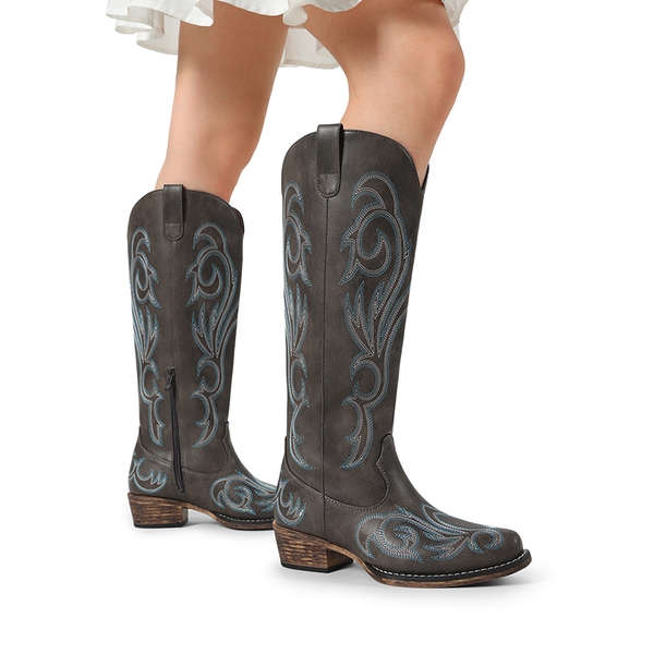 Women’s Knee-High Western Block Heel Boots - DARK BROWN - 4