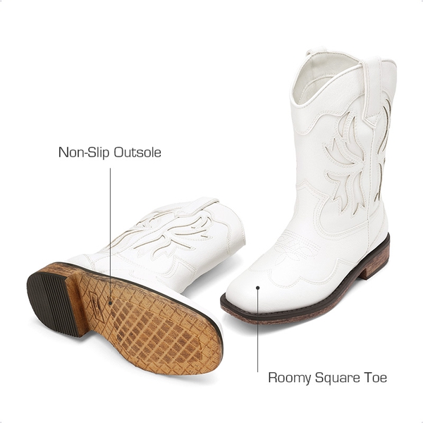 Kids’ Slip-On Roomy Toe Cowboy Boots - WHITE - 3