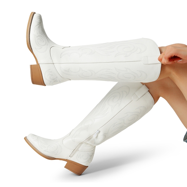 Women’s Knee-High Western Block Heel Boots - WHITE - 3