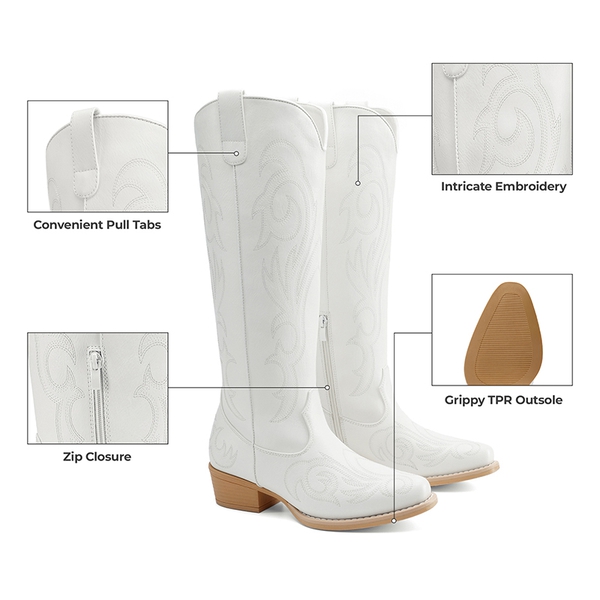 Women’s Knee-High Western Block Heel Boots - WHITE - 1