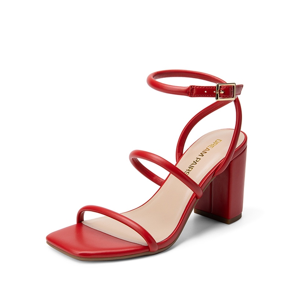 Women’s Strappy Chunky Heel Summer Sandals - RED-PU -  0