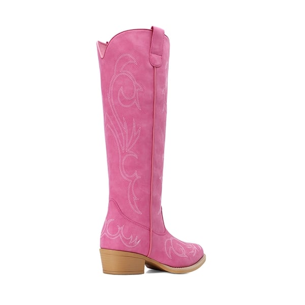 Women’s Knee-High Western Block Heel Boots - HOT PINK - 2