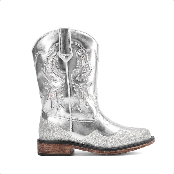 Kids’ Slip-On Roomy Toe Cowboy Boots - SILVER - 1
