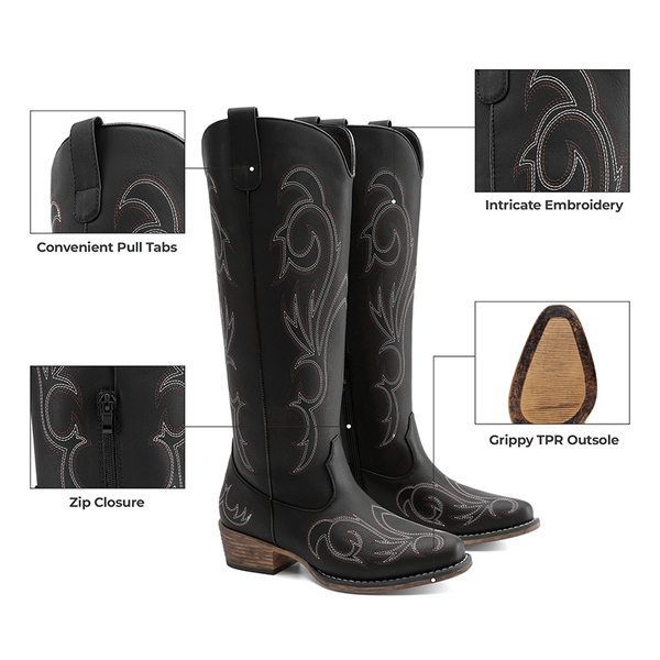 Women’s Knee-High Western Block Heel Boots - BLACK - 1