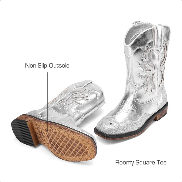Kids’ Slip-On Roomy Toe Cowboy Boots - SILVER - 3