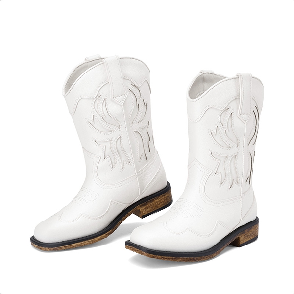 Kids’ Slip-On Roomy Toe Cowboy Boots - WHITE - 4