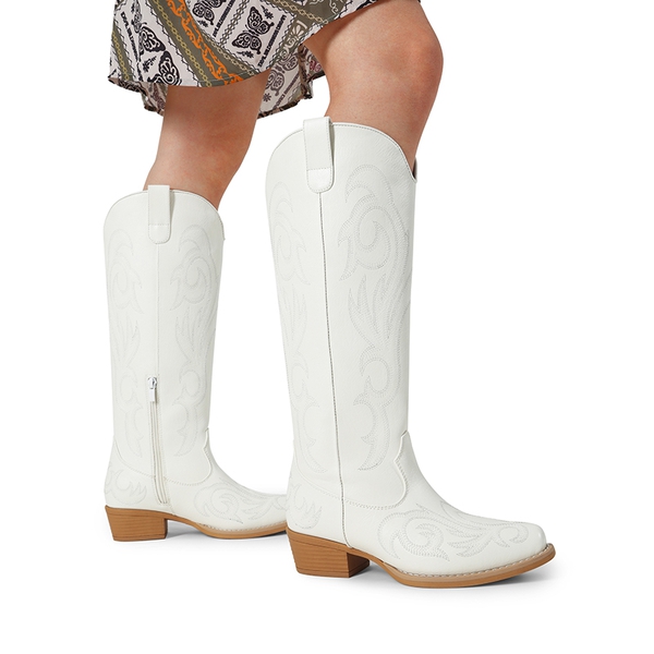 Women’s Knee-High Western Block Heel Boots - WHITE - 4