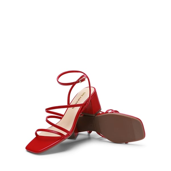 Women’s Rhinestone Strappy Block Heel Sandals - RED-PU - 4