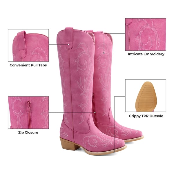 Women’s Knee-High Western Block Heel Boots - HOT PINK - 1