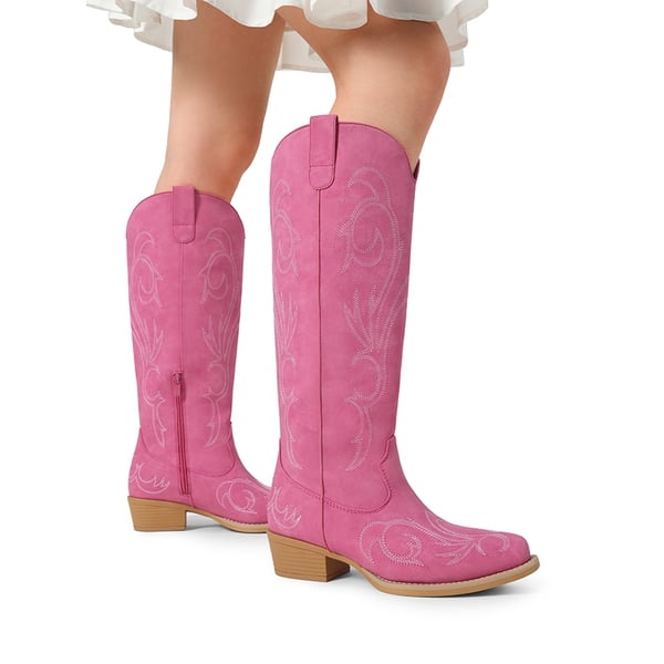 Women’s Knee-High Western Block Heel Boots - HOT PINK - 4