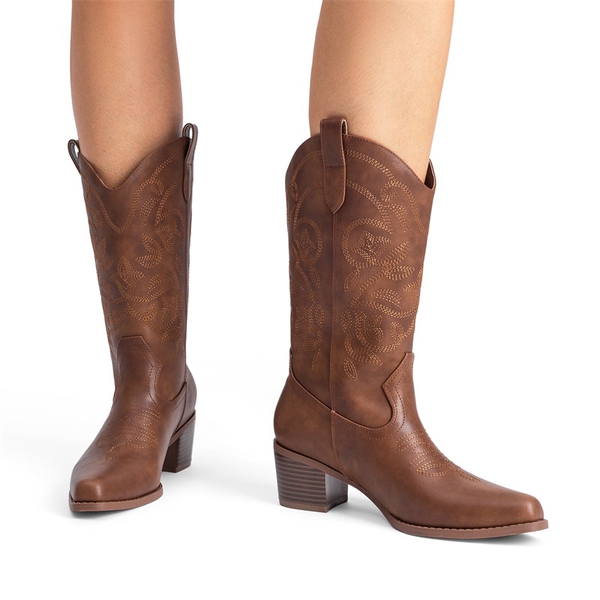 Women’s Embroidered Distressed Cowgirl Boots - BROWN-PU - 7