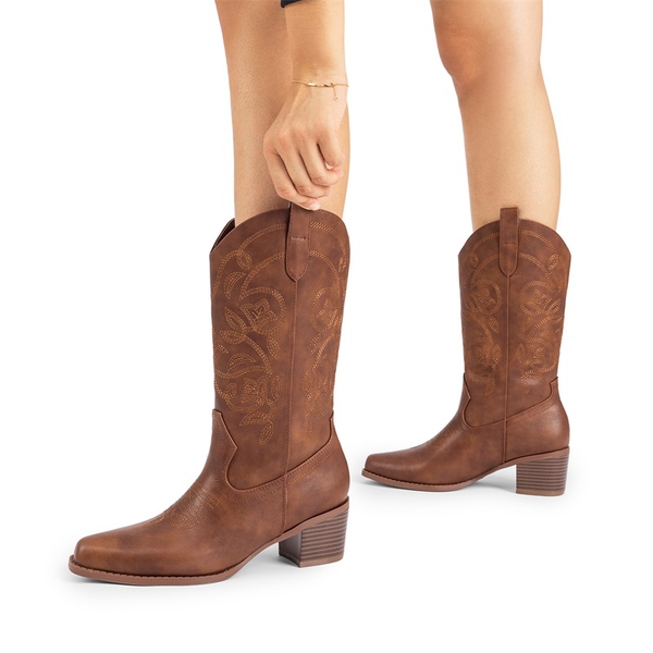 Women’s Embroidered Distressed Cowgirl Boots - BROWN-PU - 6