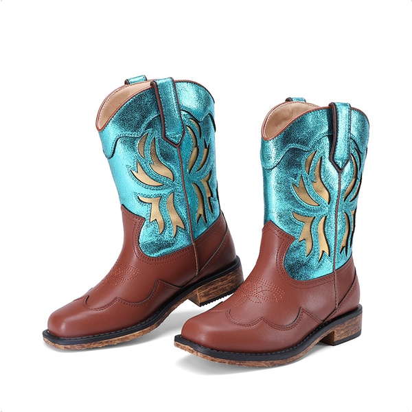 Kids’ Slip-On Roomy Toe Cowboy Boots - BLUE - 4